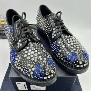 Men's Prada, black leather derby, shoes with studs and rhinestones size 11 I